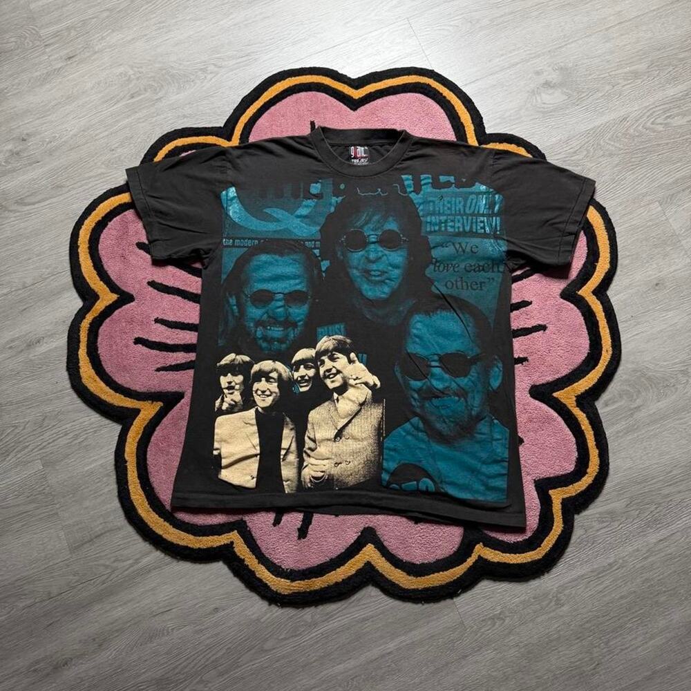 The Beatles All Over Print Graphic Logo Band T-shirt Size XL Black AOP